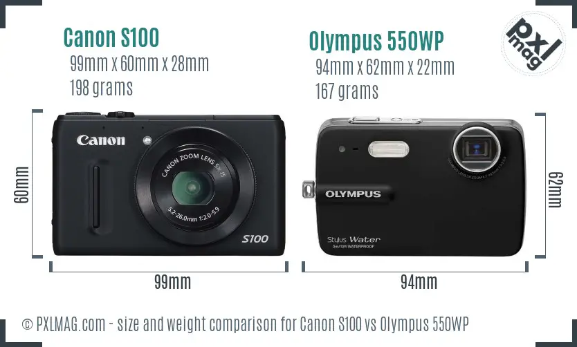 Canon S100 vs Olympus 550WP size comparison