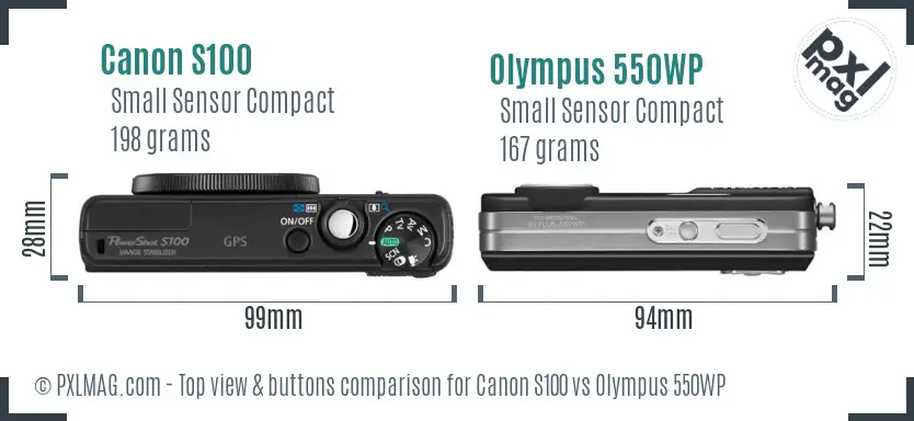 Canon S100 vs Olympus 550WP top view buttons comparison