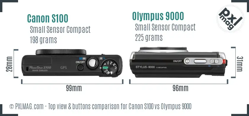 Canon S100 vs Olympus 9000 top view buttons comparison Canon S100 vs Olympus 9000 top view buttons comparison