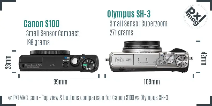 Canon S100 vs Olympus SH-3 top view buttons comparison