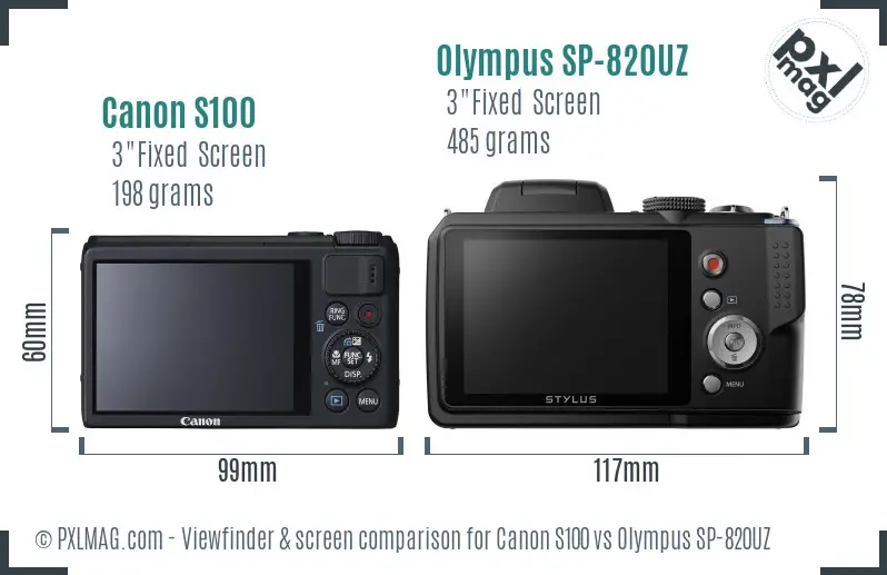 Canon S100 vs Olympus SP-820UZ Screen and Viewfinder comparison