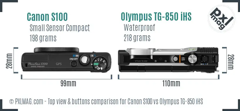 Canon S100 vs Olympus TG-850 iHS top view buttons comparison