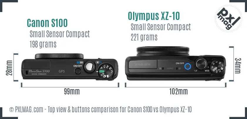 Canon S100 vs Olympus XZ-10 top view buttons comparison