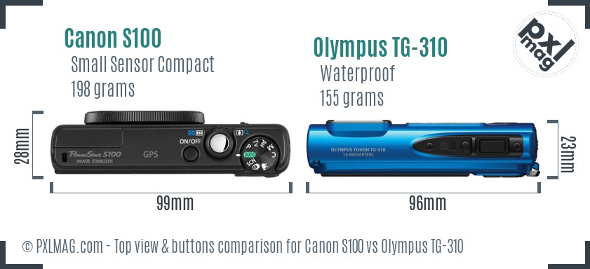 Canon S100 vs Olympus TG-310 top view buttons comparison