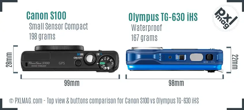 Canon S100 vs Olympus TG-630 iHS top view buttons comparison Canon S100 vs Olympus TG-630 iHS top view buttons comparison