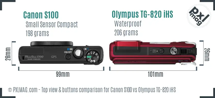 Canon S100 vs Olympus TG-820 iHS top view buttons comparison