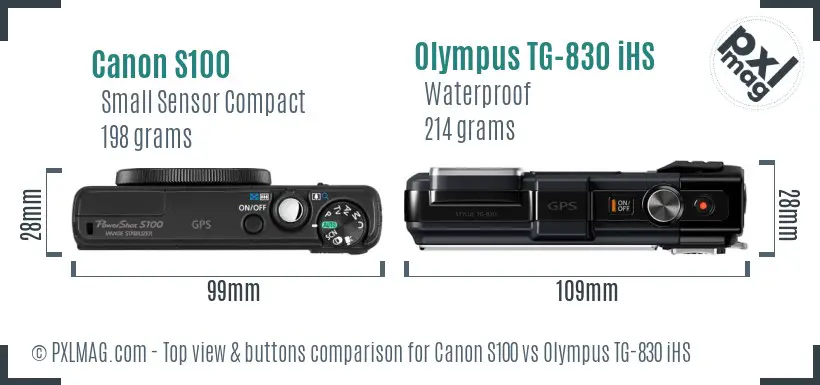 Canon S100 vs Olympus TG-830 iHS top view buttons comparison
