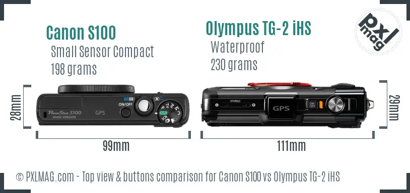 Canon S100 vs Olympus TG-2 iHS top view buttons comparison