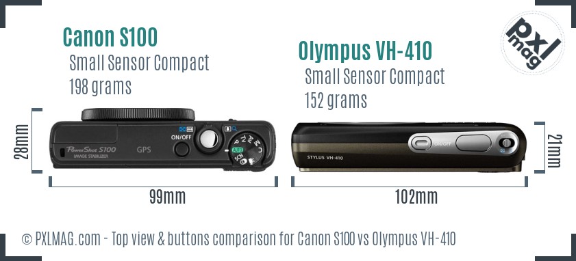 Canon S100 vs Olympus VH-410 top view buttons comparison