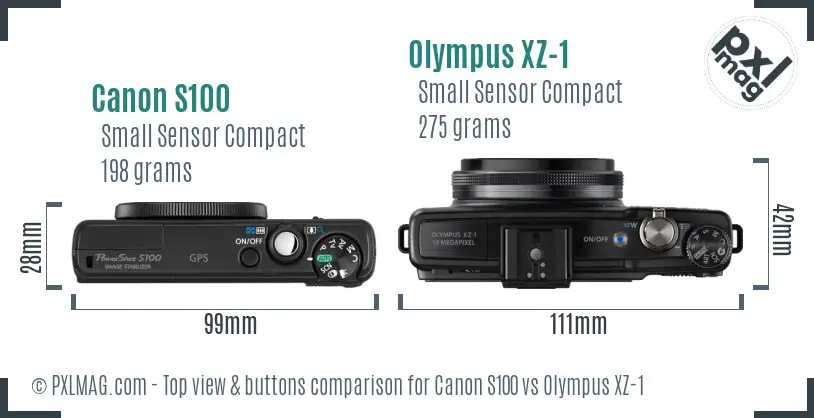 Canon S100 vs Olympus XZ-1 top view buttons comparison Canon S100 vs Olympus XZ-1 top view buttons comparison