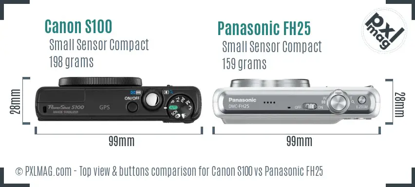 Canon S100 vs Panasonic FH25 top view buttons comparison