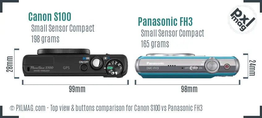 Canon S100 vs Panasonic FH3 top view buttons comparison