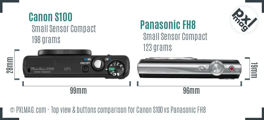 Canon S100 vs Panasonic FH8 top view buttons comparison