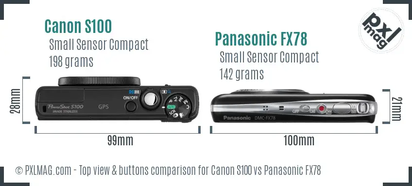 Canon S100 vs Panasonic FX78 top view buttons comparison