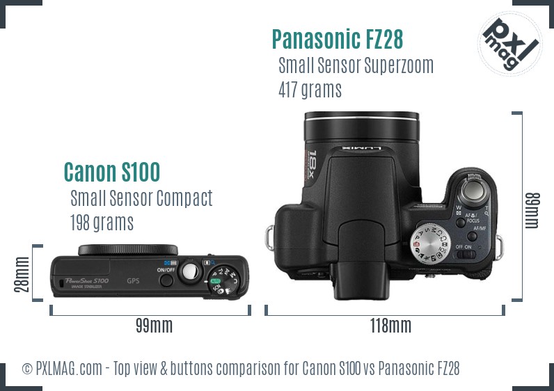 Canon S100 vs Panasonic FZ28 top view buttons comparison