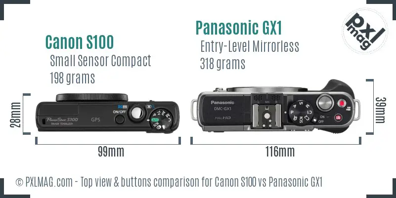 Canon S100 vs Panasonic GX1 top view buttons comparison Canon S100 vs Panasonic GX1 top view buttons comparison