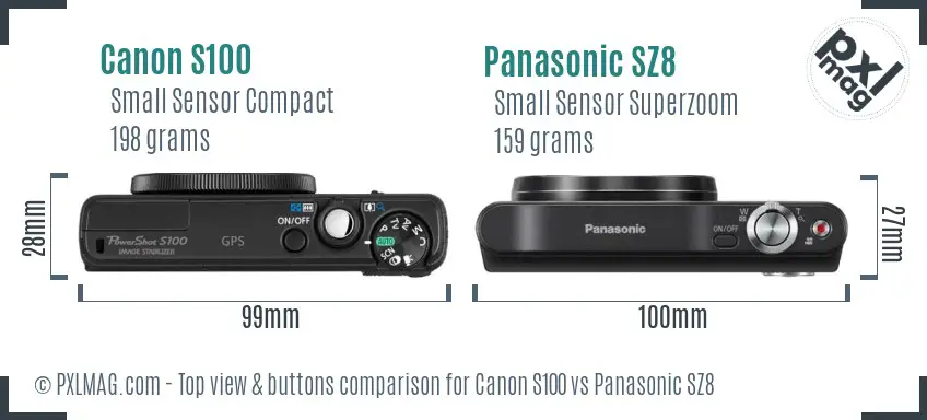 Canon S100 vs Panasonic SZ8 top view buttons comparison