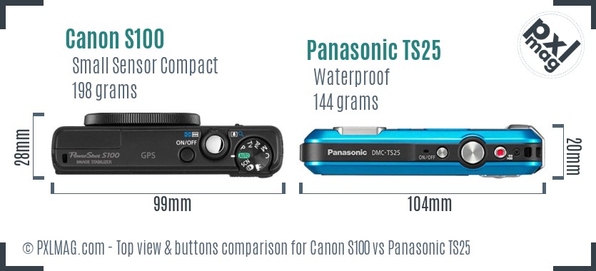 Canon S100 vs Panasonic TS25 top view buttons comparison
