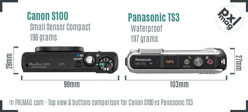 Canon S100 vs Panasonic TS3 top view buttons comparison