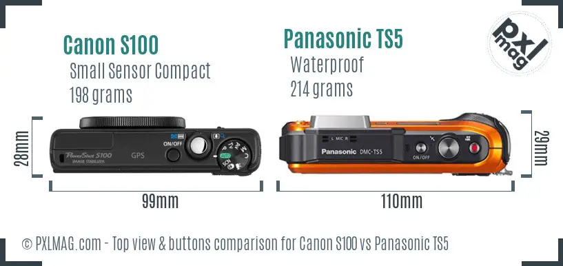 Canon S100 vs Panasonic TS5 top view buttons comparison