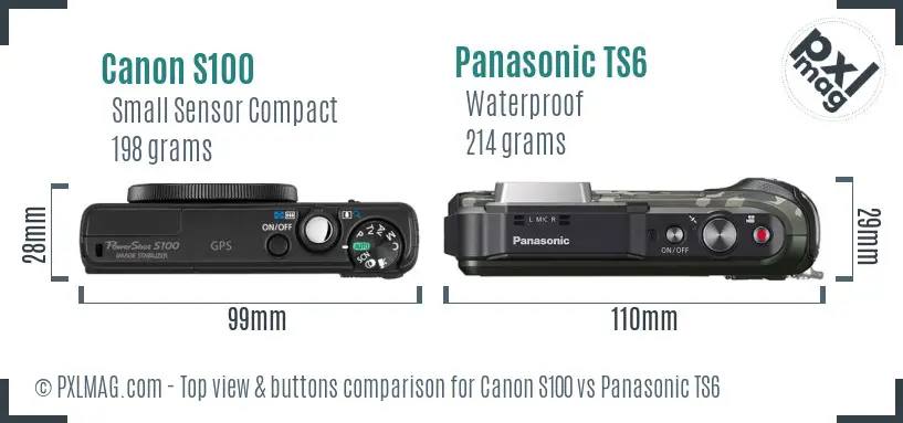 Canon S100 vs Panasonic TS6 top view buttons comparison