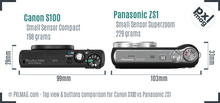 Canon S100 vs Panasonic ZS1 top view buttons comparison