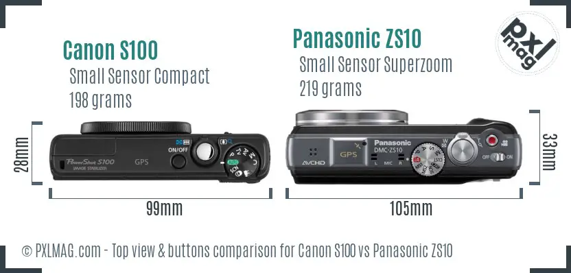 Canon S100 vs Panasonic ZS10 top view buttons comparison