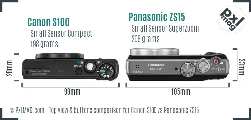 Canon S100 vs Panasonic ZS15 top view buttons comparison Canon S100 vs Panasonic ZS15 top view buttons comparison