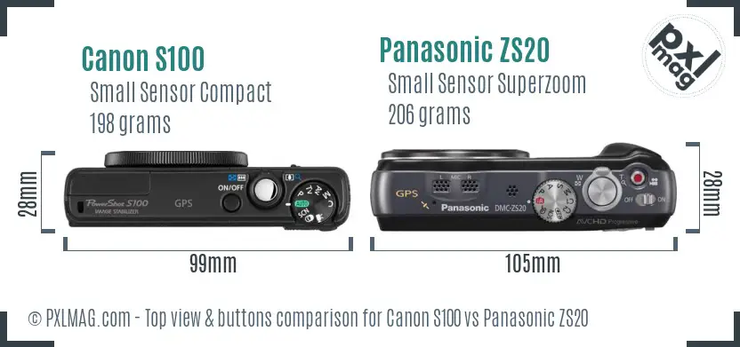 Canon S100 vs Panasonic ZS20 top view buttons comparison