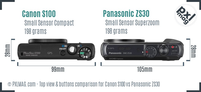 Canon S100 vs Panasonic ZS30 top view buttons comparison