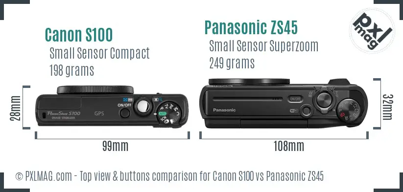 Canon S100 vs Panasonic ZS45 top view buttons comparison Canon S100 vs Panasonic ZS45 top view buttons comparison