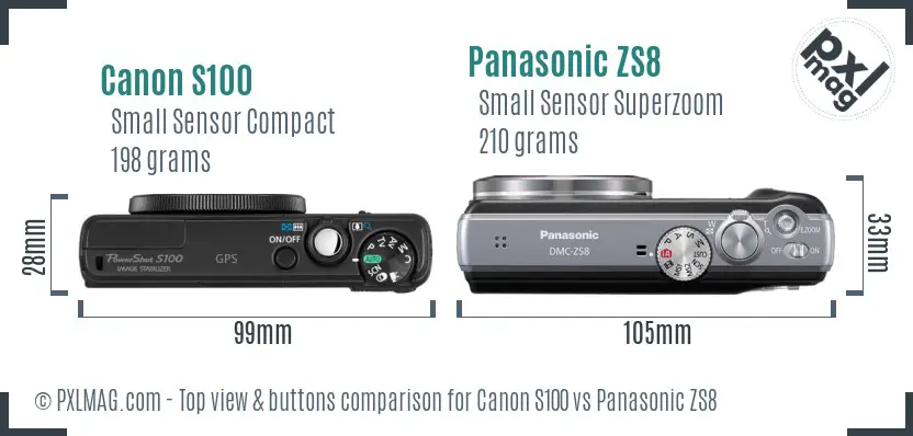 Canon S100 vs Panasonic ZS8 top view buttons comparison