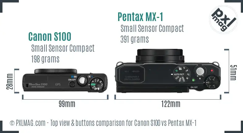 Canon S100 vs Pentax MX-1 top view buttons comparison