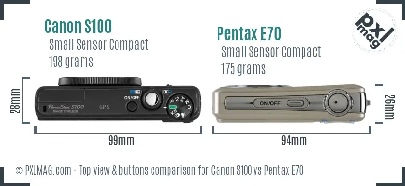 Canon S100 vs Pentax E70 top view buttons comparison Canon S100 vs Pentax E70 top view buttons comparison
