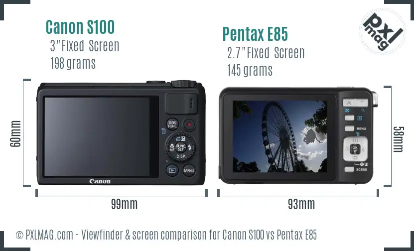 Canon S100 vs Pentax E85 Screen and Viewfinder comparison
