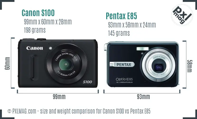Canon S100 vs Pentax E85 size comparison