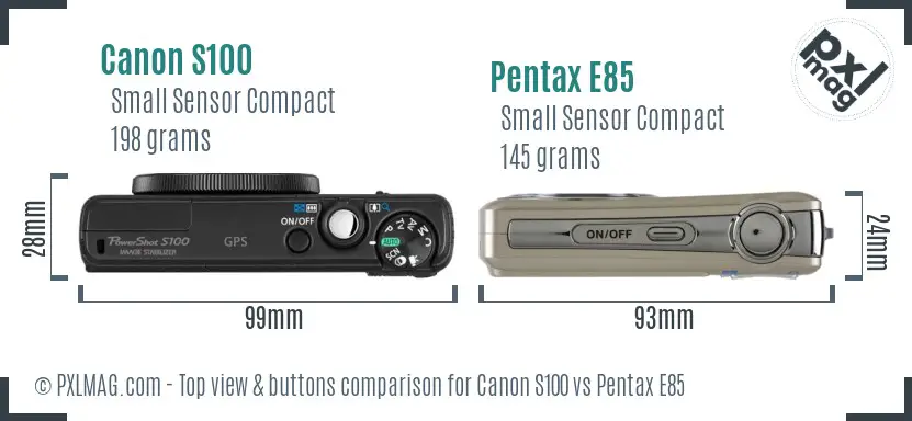 Canon S100 vs Pentax E85 top view buttons comparison