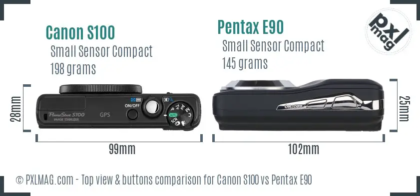 Canon S100 vs Pentax E90 top view buttons comparison
