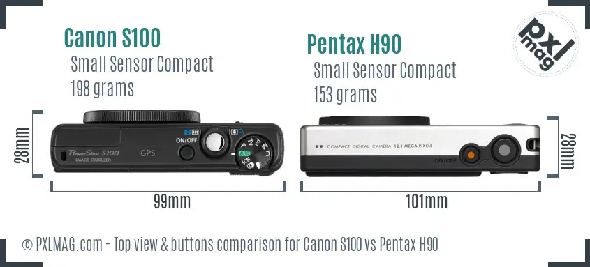 Canon S100 vs Pentax H90 top view buttons comparison