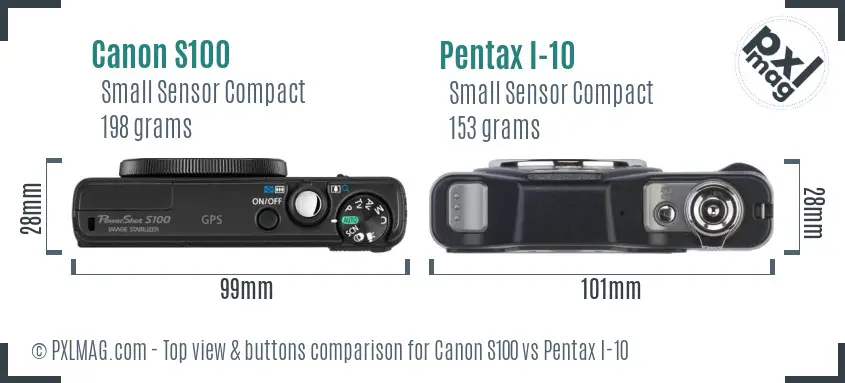 Canon S100 vs Pentax I-10 top view buttons comparison Canon S100 vs Pentax I-10 top view buttons comparison