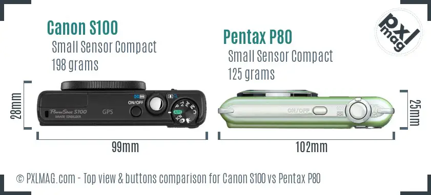 Canon S100 vs Pentax P80 top view buttons comparison