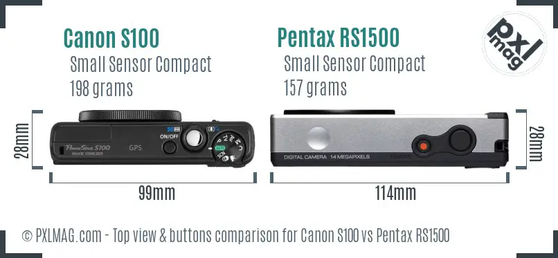 Canon S100 vs Pentax RS1500 top view buttons comparison