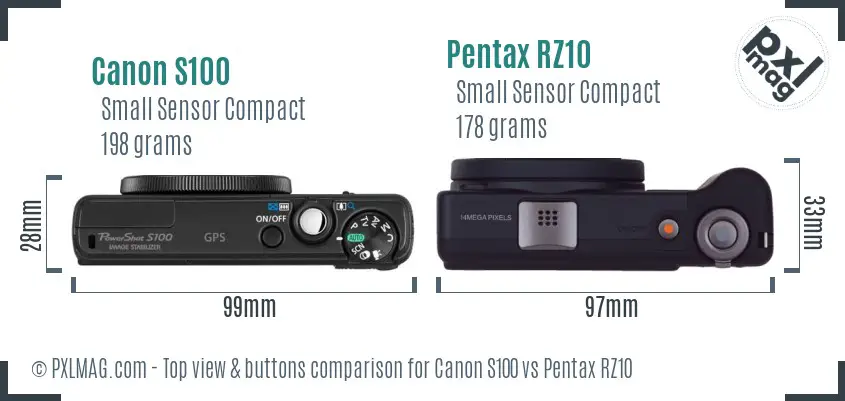 Canon S100 vs Pentax RZ10 top view buttons comparison
