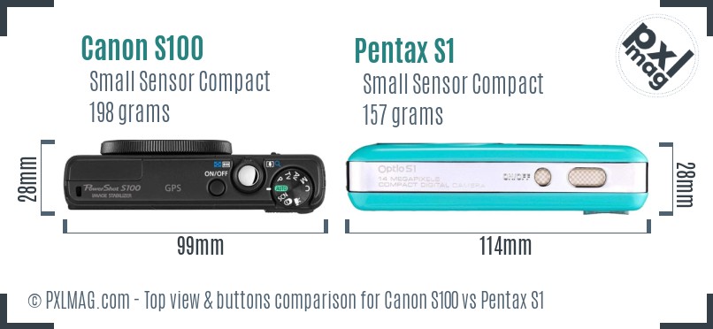Canon S100 vs Pentax S1 top view buttons comparison