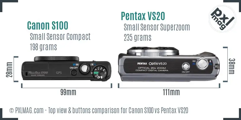 Canon S100 vs Pentax VS20 top view buttons comparison Canon S100 vs Pentax VS20 top view buttons comparison
