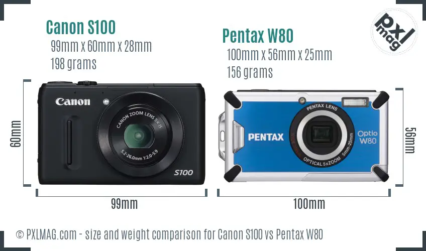 Canon S100 vs Pentax W80 size comparison