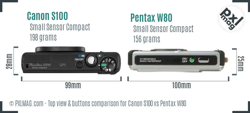 Canon S100 vs Pentax W80 top view buttons comparison