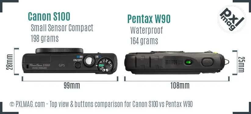 Canon S100 vs Pentax W90 top view buttons comparison