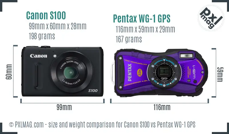 Canon S100 vs Pentax WG-1 GPS size comparison