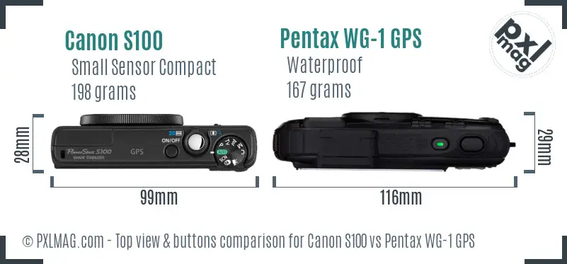 Canon S100 vs Pentax WG-1 GPS top view buttons comparison